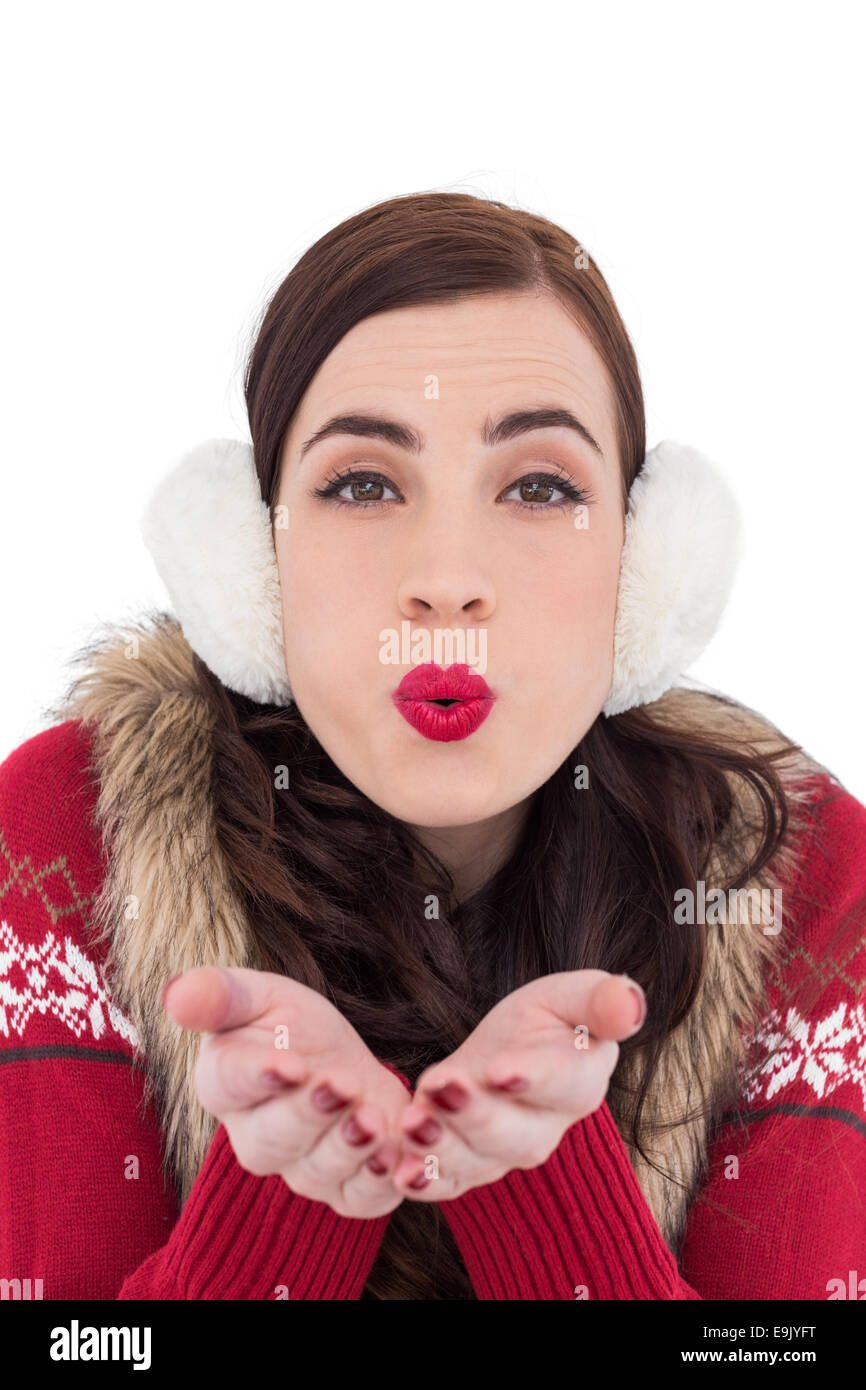 Brunette de fête avec du rouge à lèvres kiss lips Banque D'Images