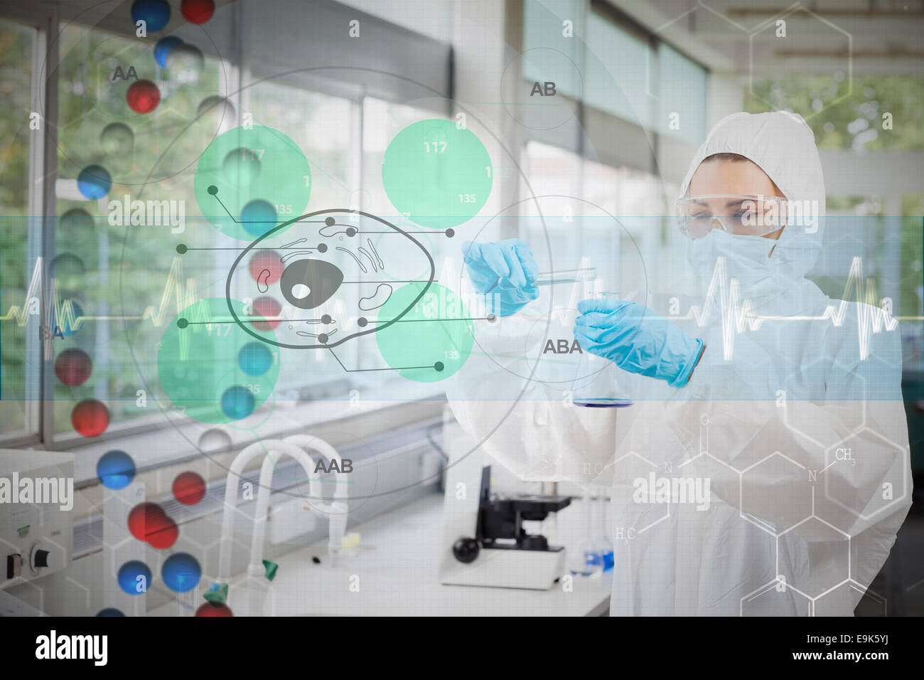 Image composite de scientist in protective suit working with green cell diagram interface Banque D'Images