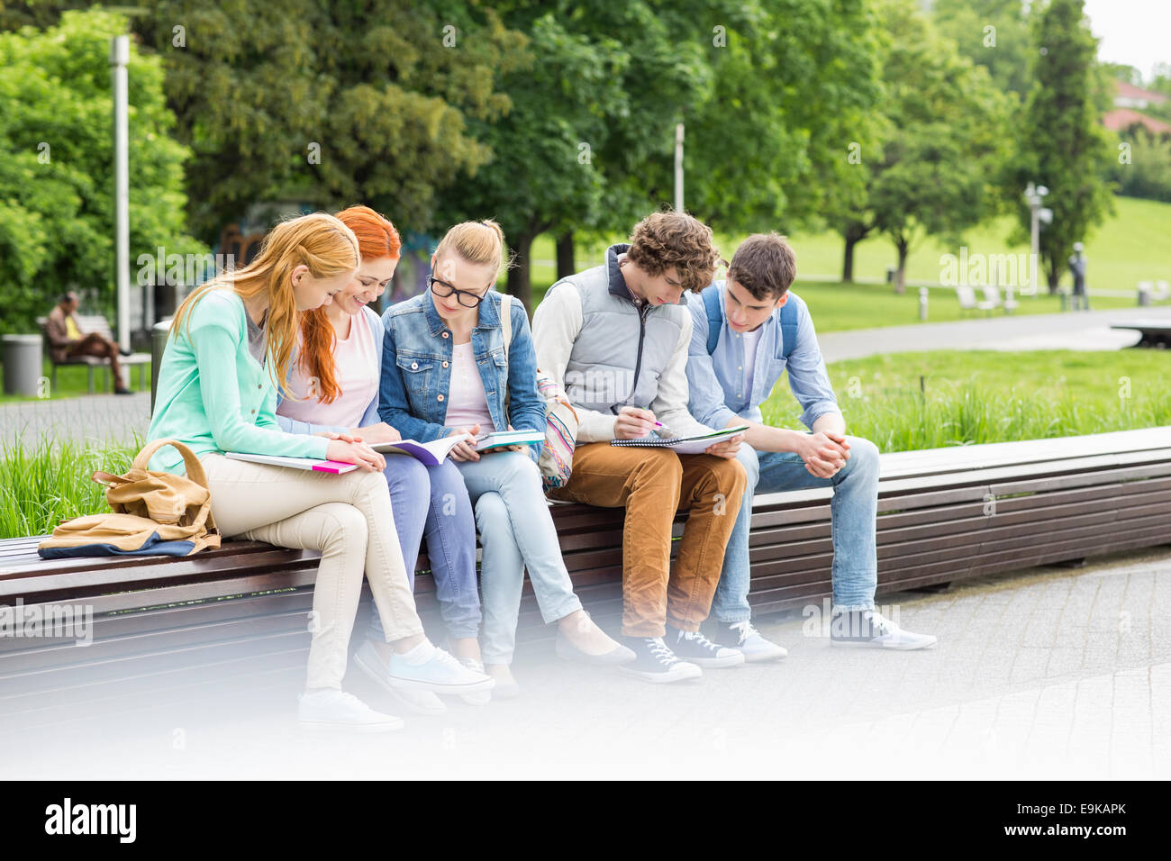 Les étudiants qui étudient à l'université tout en étant assis sur un mur bas en park Banque D'Images