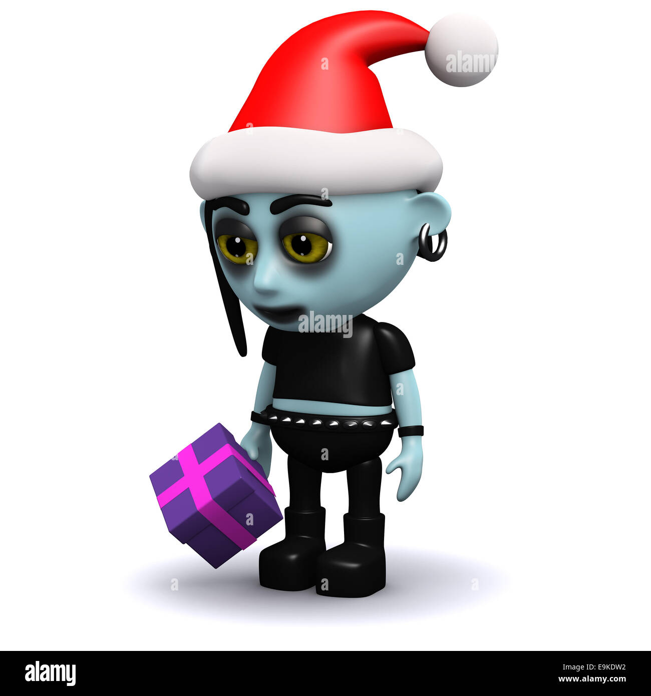 3D render of a punk goth habillée en père tenant un cadeau violet Banque D'Images