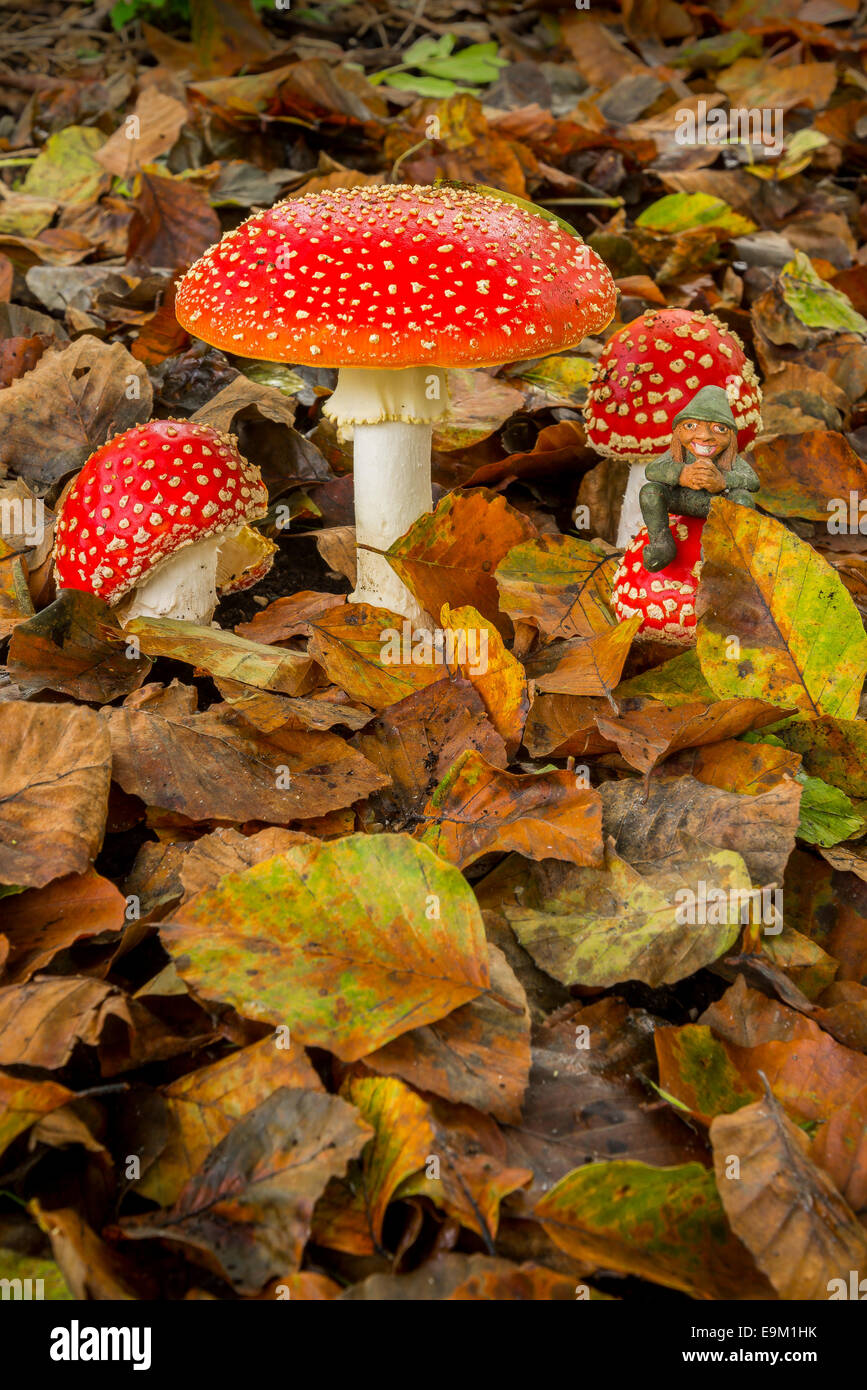 Petite figurine gnome et l'Amanita muscaria champignons. Banque D'Images