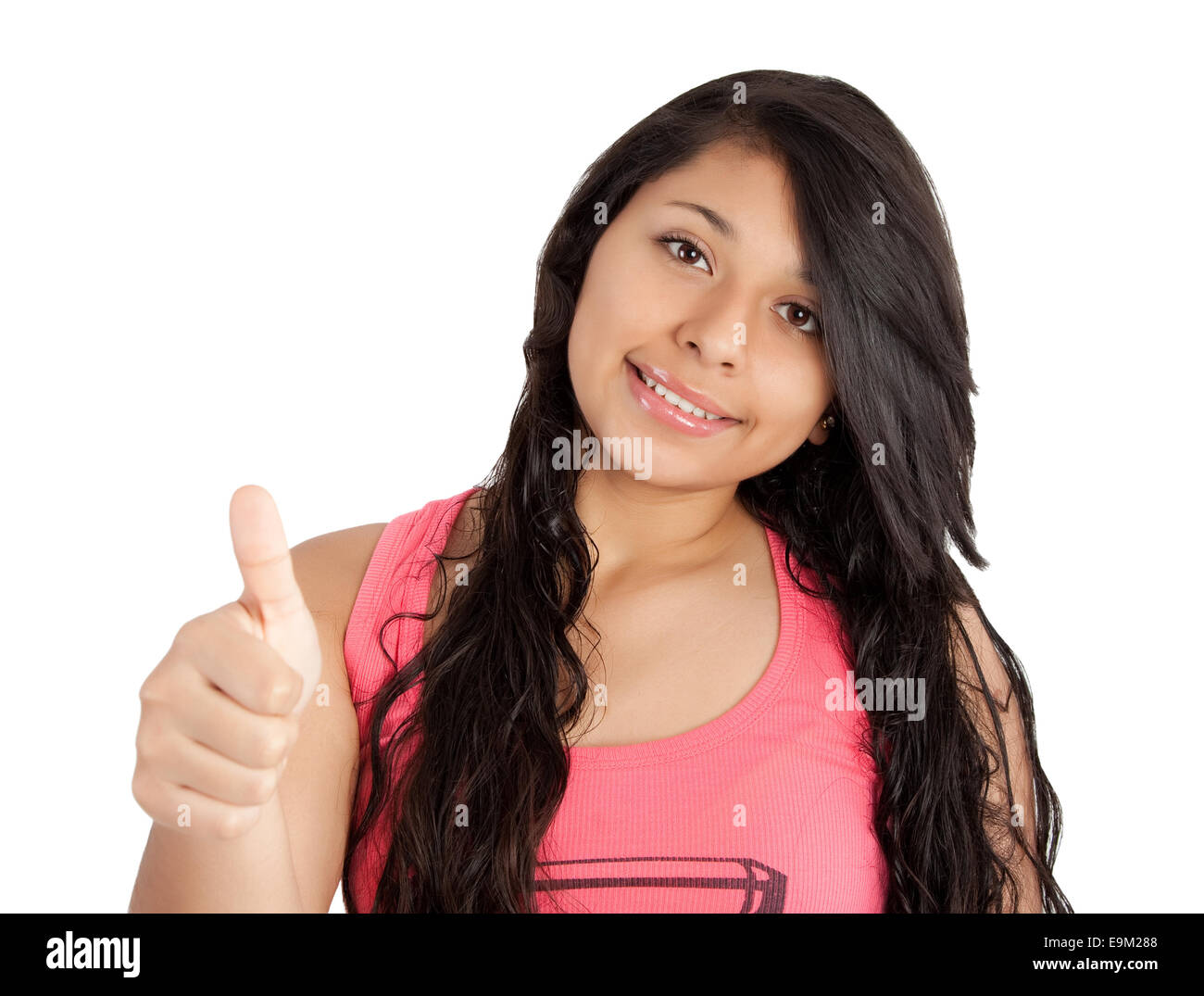 Happy teenager showing thumb up isolated on white Banque D'Images