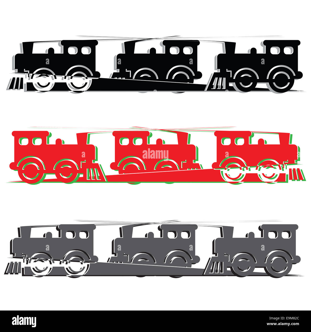 Plusieurs locomotives à vapeur colorée sur fond blanc. Banque D'Images