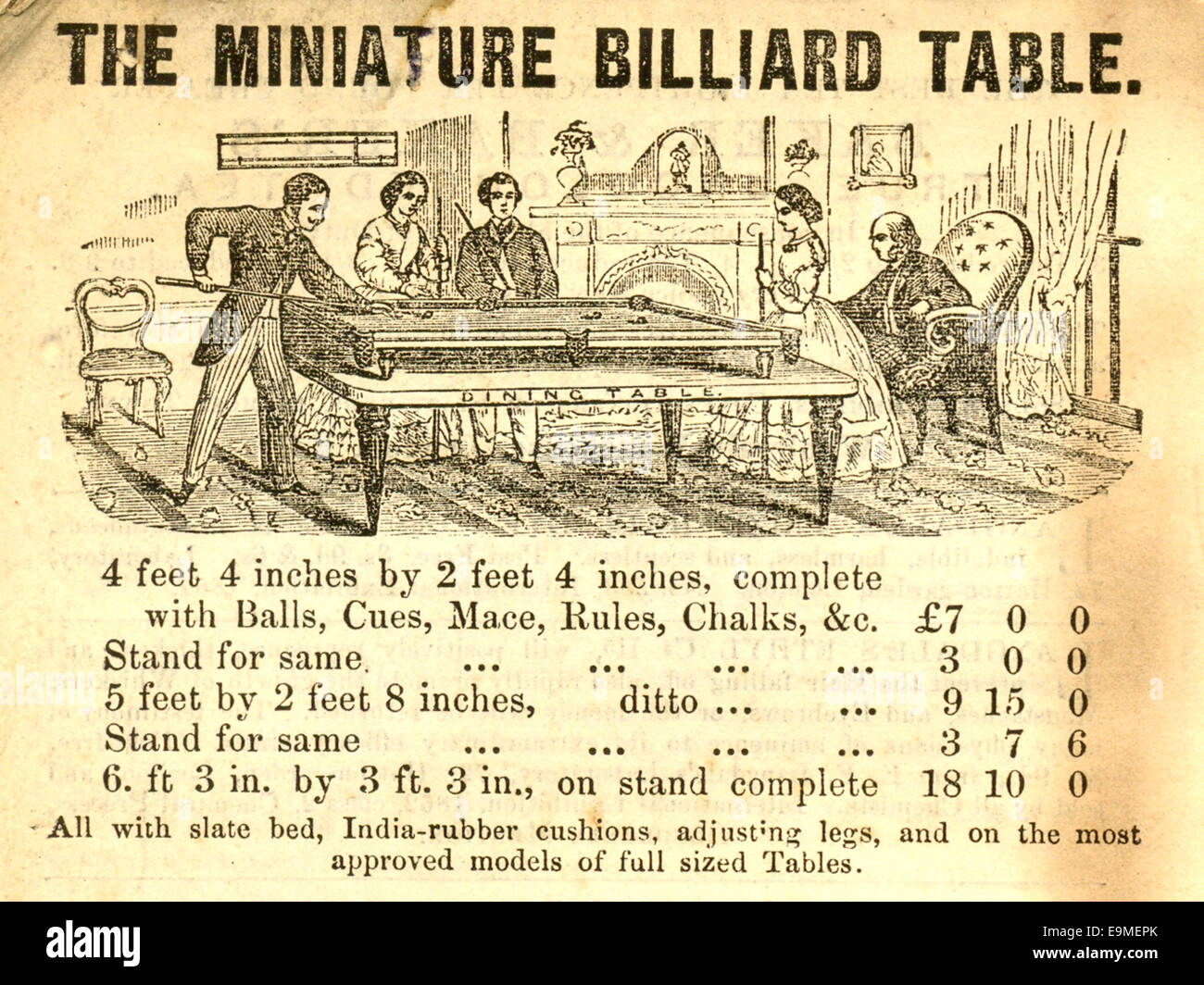 Publicité pour table de billard miniature pour tenir sur la table à manger 1866 Banque D'Images