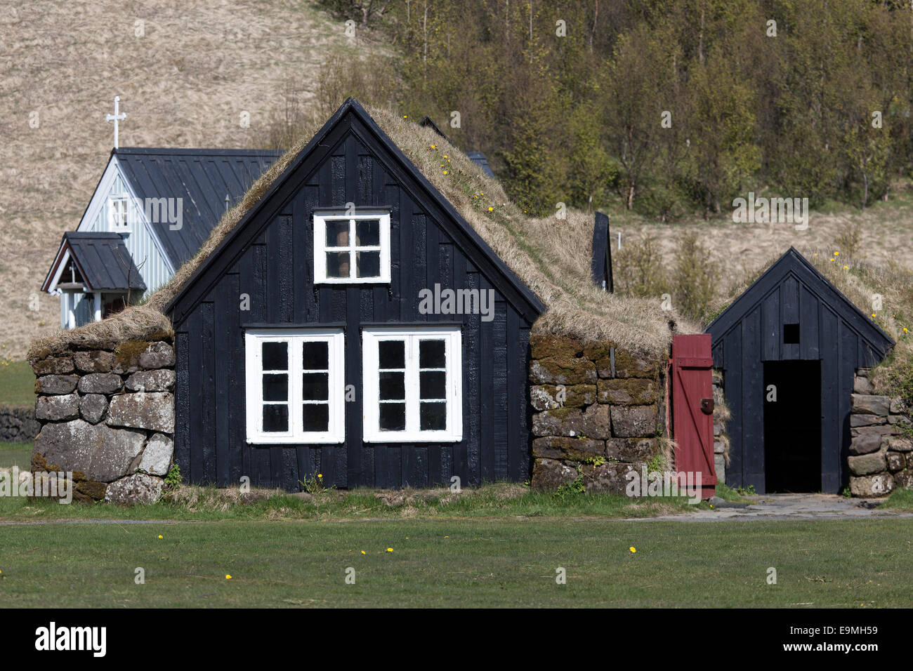 Maisons typiques de la région de l'Islande, Islande, Musée Skógar Banque D'Images