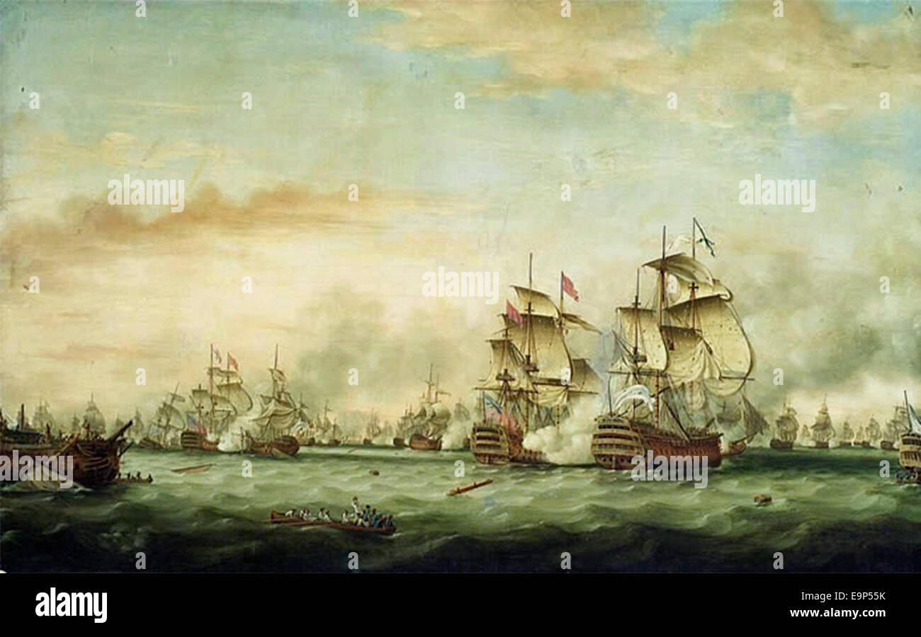 La Bataille des Saintes, le 12 avril 1782 : abandon de la Ville de Paris, indique Samuel Hood, Barfleur, centre, attaquant le navire amiral français Ville de Paris, à droite. Banque D'Images