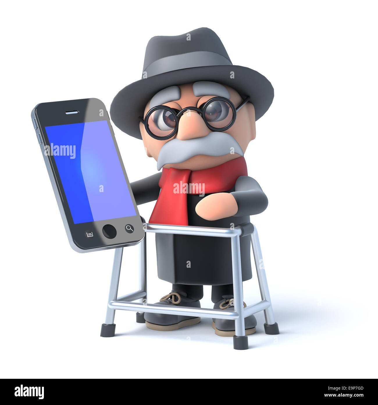 Rendu 3D d'un vieil homme avec déambulateur holding un smartphone Banque D'Images