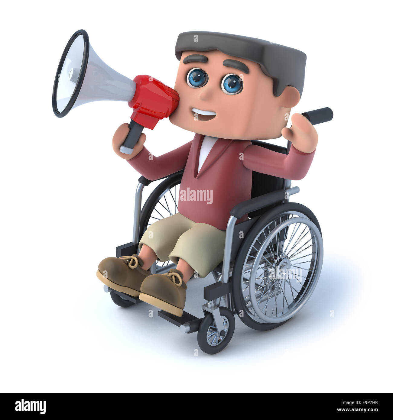 3D render of a Boy dans un fauteuil roulant à l'aide d'un mégaphone Banque D'Images