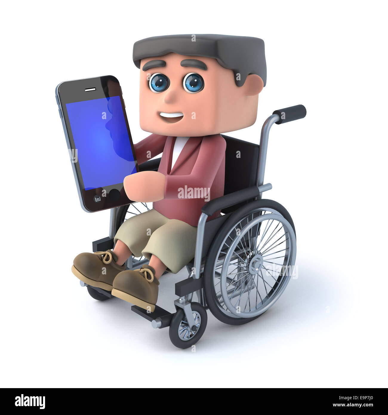 3D render of a Boy in a wheelchair holding un smartphone Banque D'Images