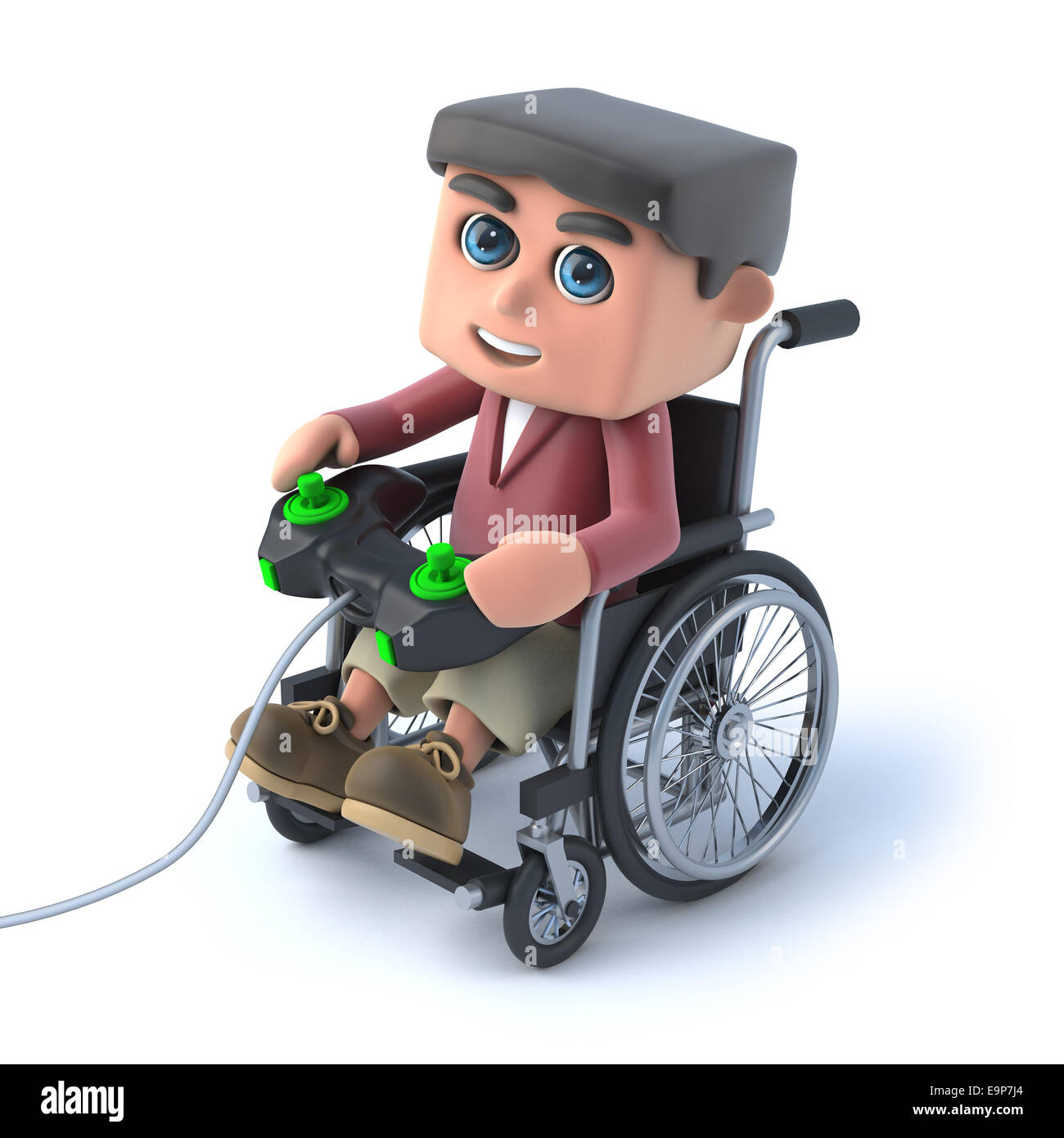 3D render of a Boy dans un fauteuil roulant de jouer à un jeu vidéo Banque D'Images