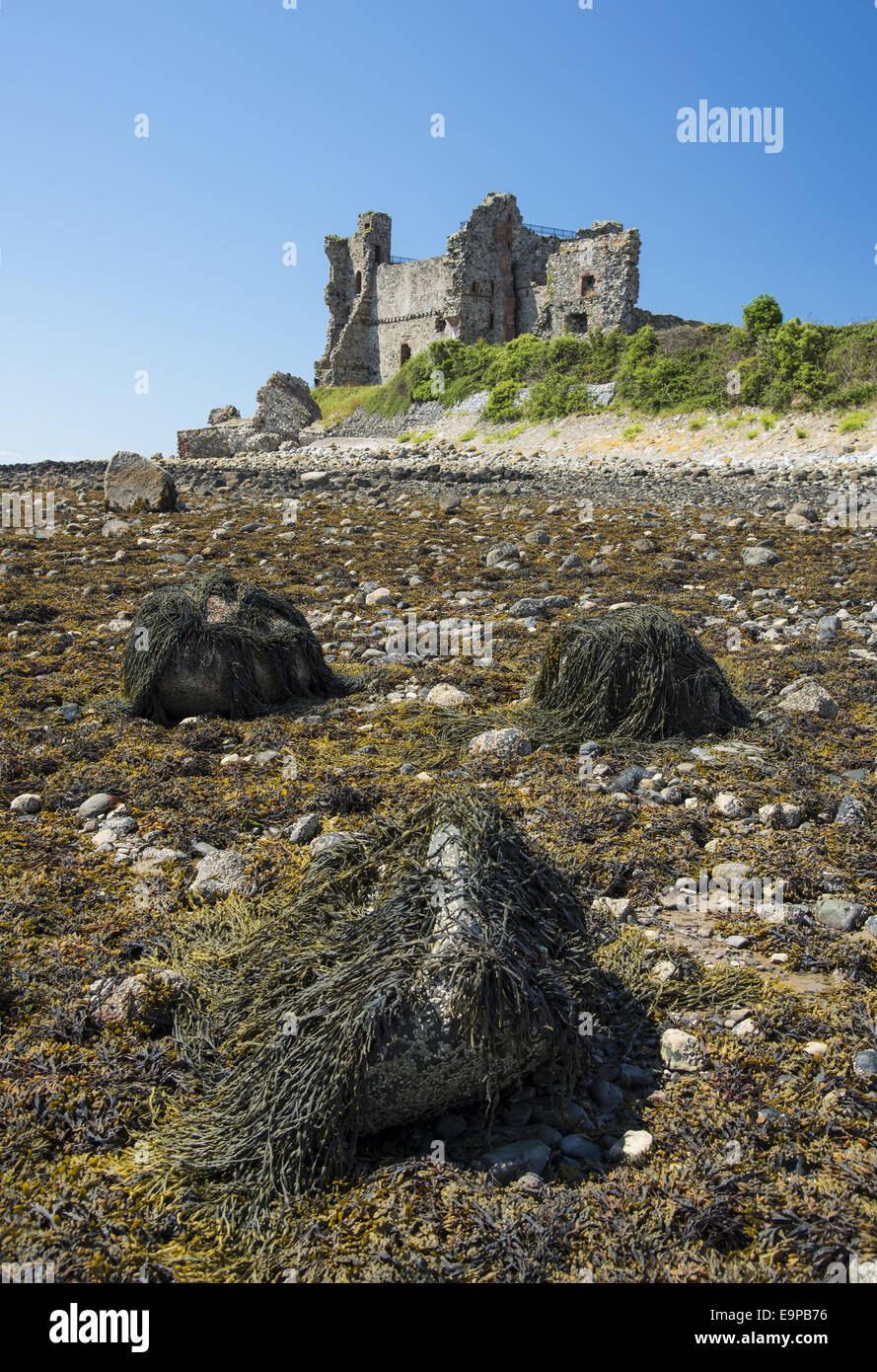 Vue sur plage rocheuse et château en ruine, Piel Castle, Piel Island, îles de Furness, Barrow-in-Furness, Cumbria, Angleterre, juillet Banque D'Images