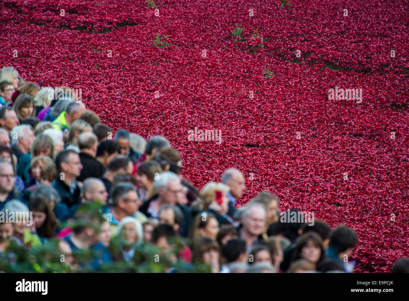 Londres, Royaume-Uni. 30Th Oct, 2014. Dernier message par du sang a balayé les terres et les mers de rouge - Les noms des morts sont lus et un clairon dernier message au milieu d'une mer de coquelicots en céramique - ils forment une oeuvre dans les douves de la Tour de Londres à l'occasion du centenaire de la première guerre mondiale. Ils ont été créés par la société commerciale Paul Cummins céramique, un véhicule de l'artiste. Tour de Londres, 30 Oct 2014. Crédit : Guy Bell/Alamy Live News Banque D'Images