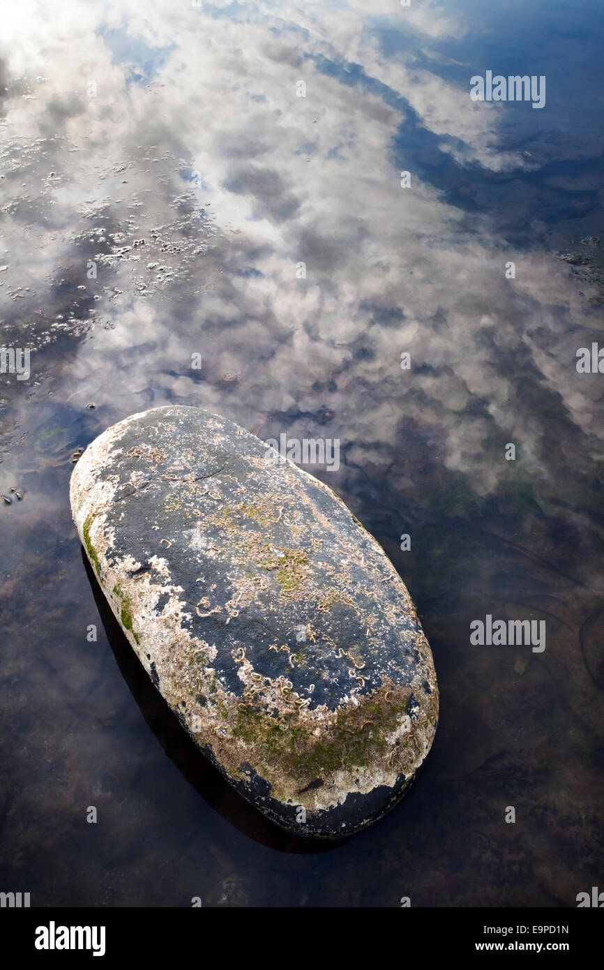 Pierre plage et de nuages réflexions dans une piscine de marée Robin Hoods Bay North Yorkshire Angleterre Banque D'Images