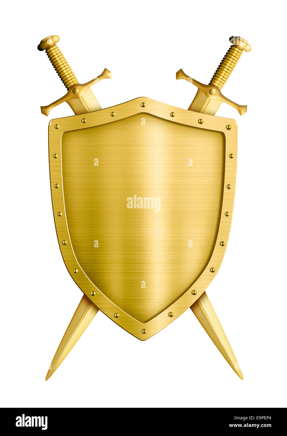 Armoiries d'or bouclier chevalier médiéval et isolé épées Banque D'Images