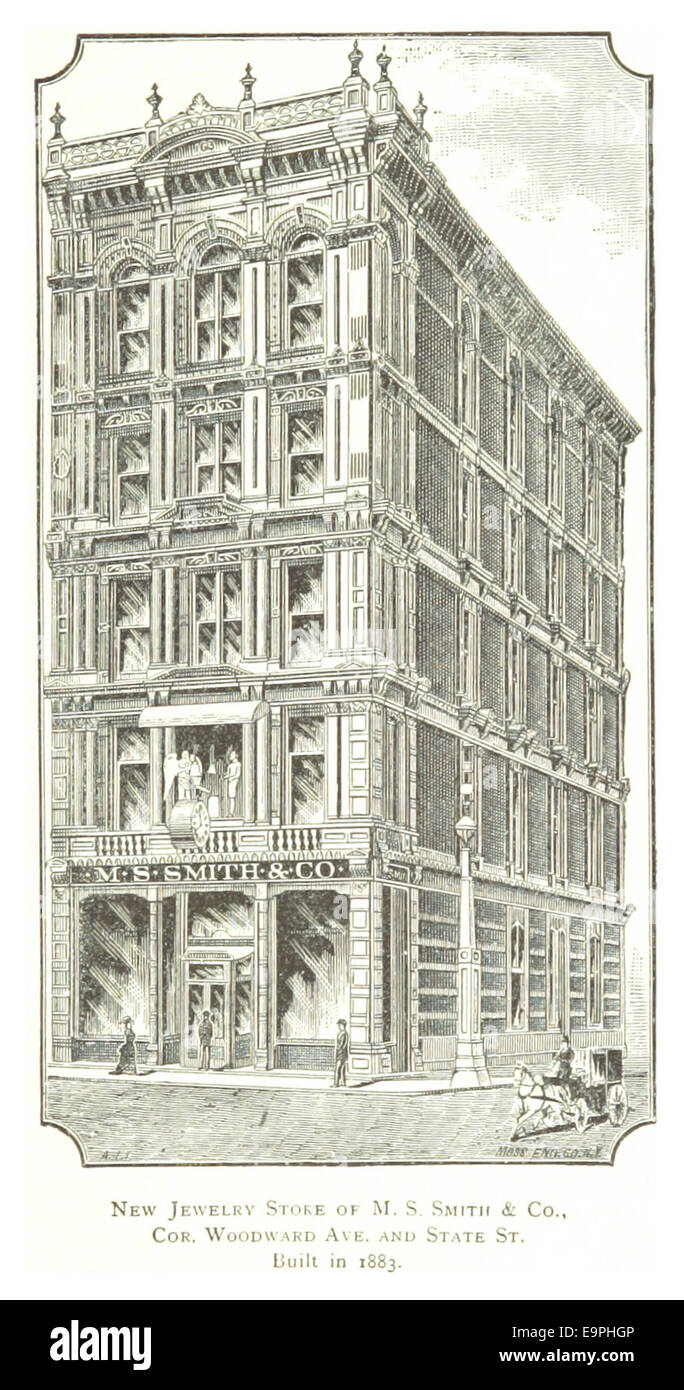 Un sketch de 1884 par Farmer présentant le nouveau M.S. Smith & Co. Bijouterie à Détroit, située à Woodward Ave. et State offerts, construite en 1883. Banque D'Images
