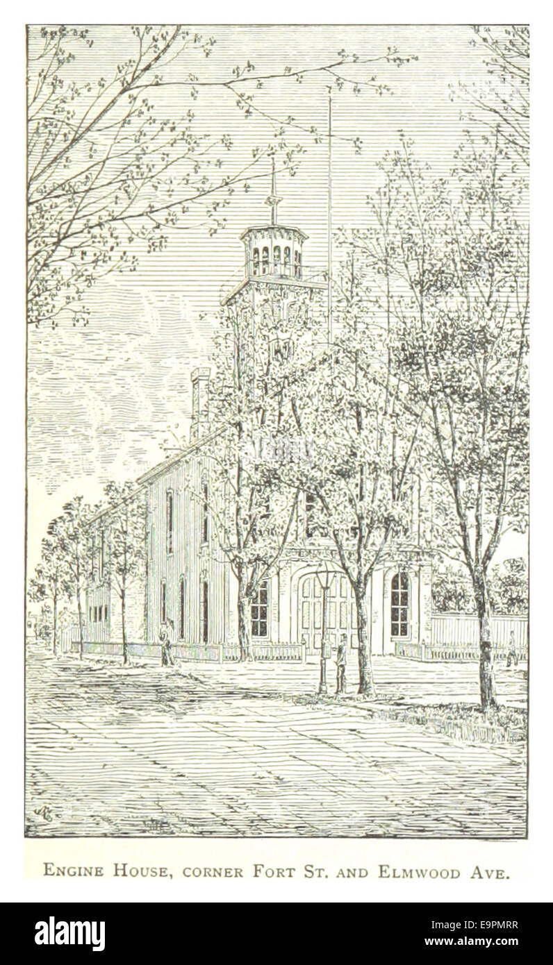 Une illustration de 1884 de la Engine House à l'angle de Fort Street et Elmwood Avenue à Détroit, construite en 1873, soulignant ses caractéristiques architecturales et son importance historique. Banque D'Images