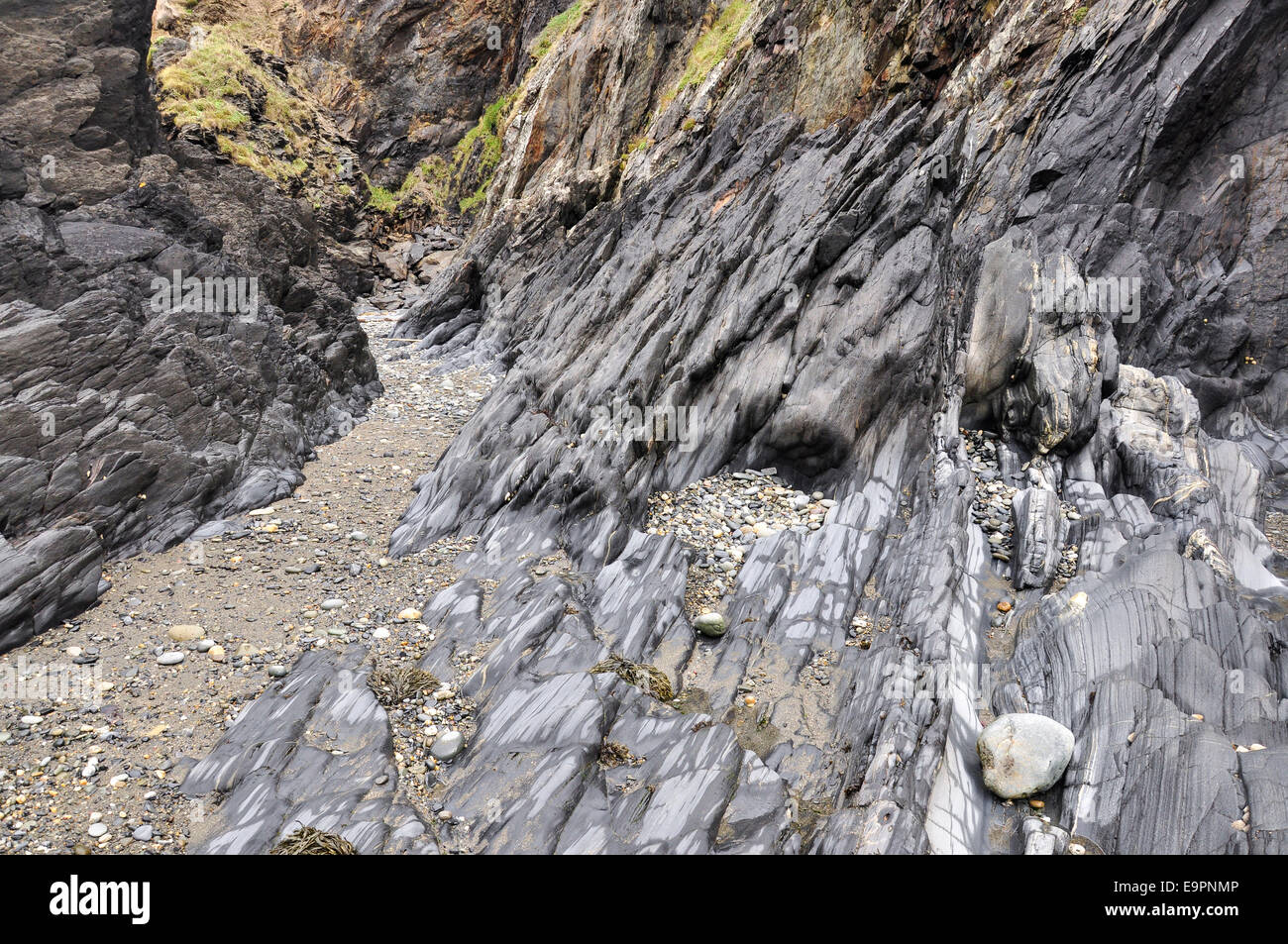 Rochers sur la plage de Fouquet à Pembrokeshire, Pays de Galles de l'Ouest. Banque D'Images