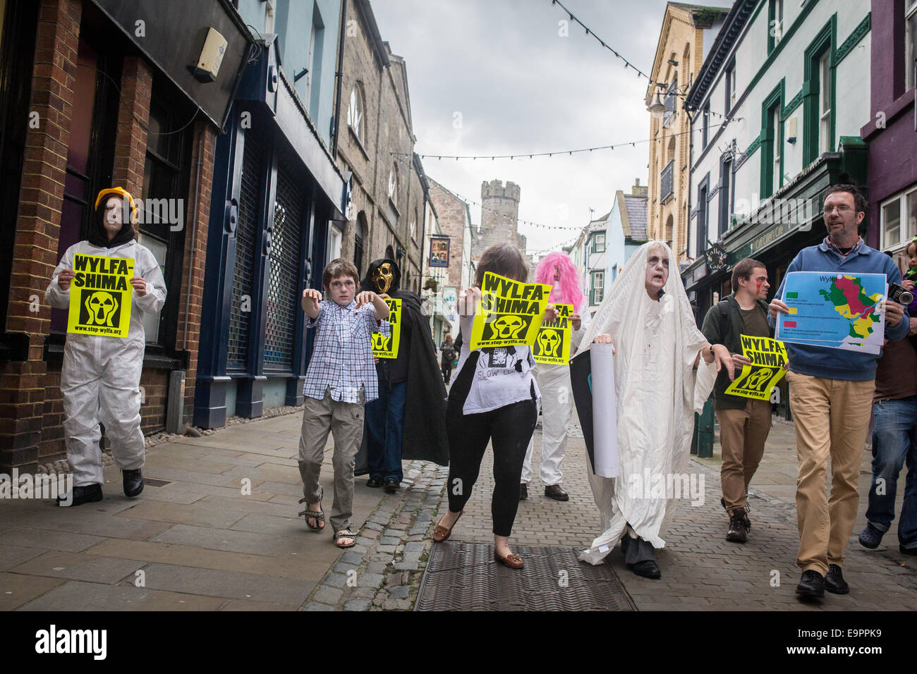 Pays de Galles, Royaume-Uni. 31 octobre, 2014. Protestataires à Caernarfon, Nord du Pays de Galles s'habiller comme Wylfashima "Zombies" d'assister à une consultation publique sur les plans visant à construire une nouvelle centrale nucléaire à Wylfa, au nord du Pays de Galles. Membres de PAWB (peuple contre Wylfa B) marqué par l'enregistrement d'halloween de leur opposition à l'intention de construire Wylfa B. 31 octobre 2014. Credit : Rhys Llwyd/Alamy Live News Banque D'Images