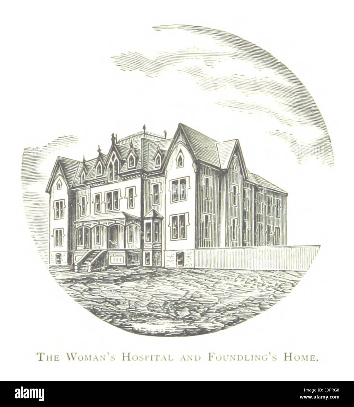Cette illustration de 1884 par Farmer représente le Woman's Hospital et la maison de Foundling à Détroit, mettant en valeur l'institution qui a fourni des soins de santé et un abri aux femmes et aux enfants dans le besoin à la fin du XIXe siècle. Banque D'Images