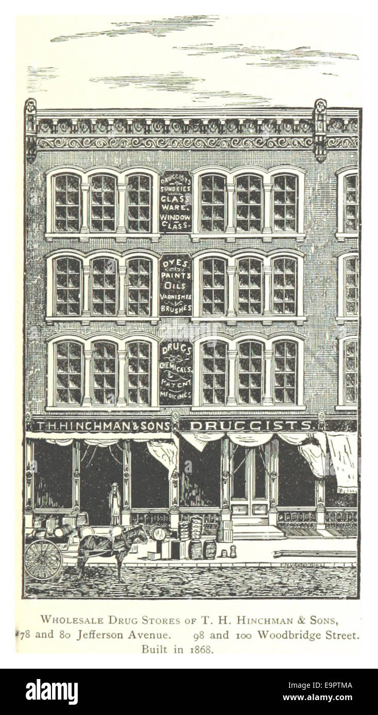 Cette illustration de 1884 par Farmer présente les pharmacies en gros de T.H. Hinchman & sons, situées sur Jefferson Avenue et Woodbridge Street à Detroit, construites à l’origine en 1868. Banque D'Images