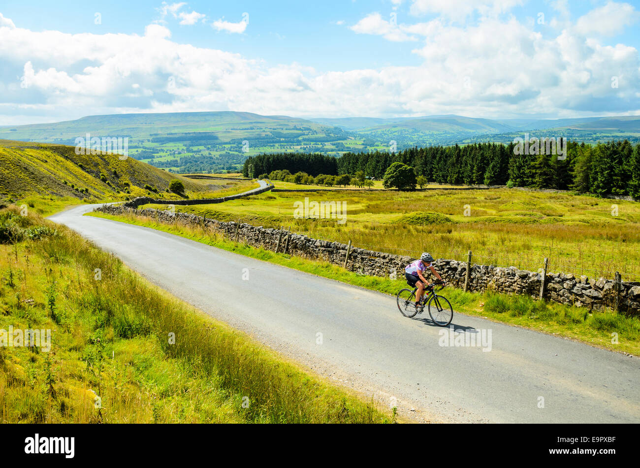 Randonnées cycliste féminin dans la Lande Détecteurs Redmire Yorkshire Dales Banque D'Images Randonnées cycliste féminin dans la Lande Détecteurs Redmire Yorkshire Dales Banque D'Images