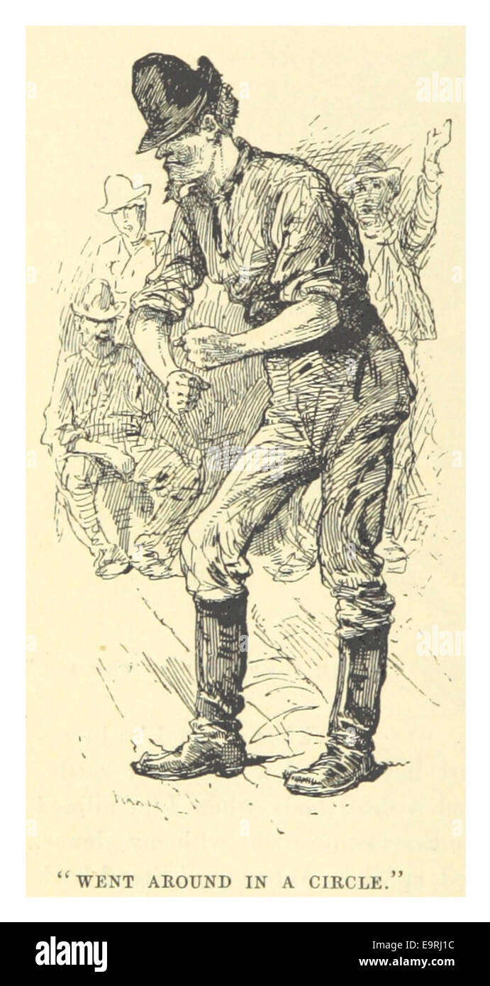 Dans cet extrait de l'œuvre de Mark Twain de 1883, l'expression « a fait le tour d'un cercle » décrit avec humour une situation de confusion ou d'action circulaire, conformément à l'esprit caractéristique de Twain et à son commentaire sur le comportement humain. Banque D'Images