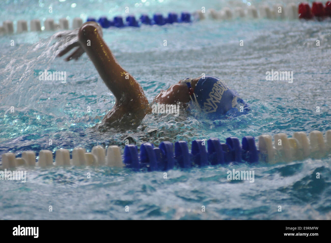 Une jeune nageuse freestyling en style dans une junior swim meet. Banque D'Images