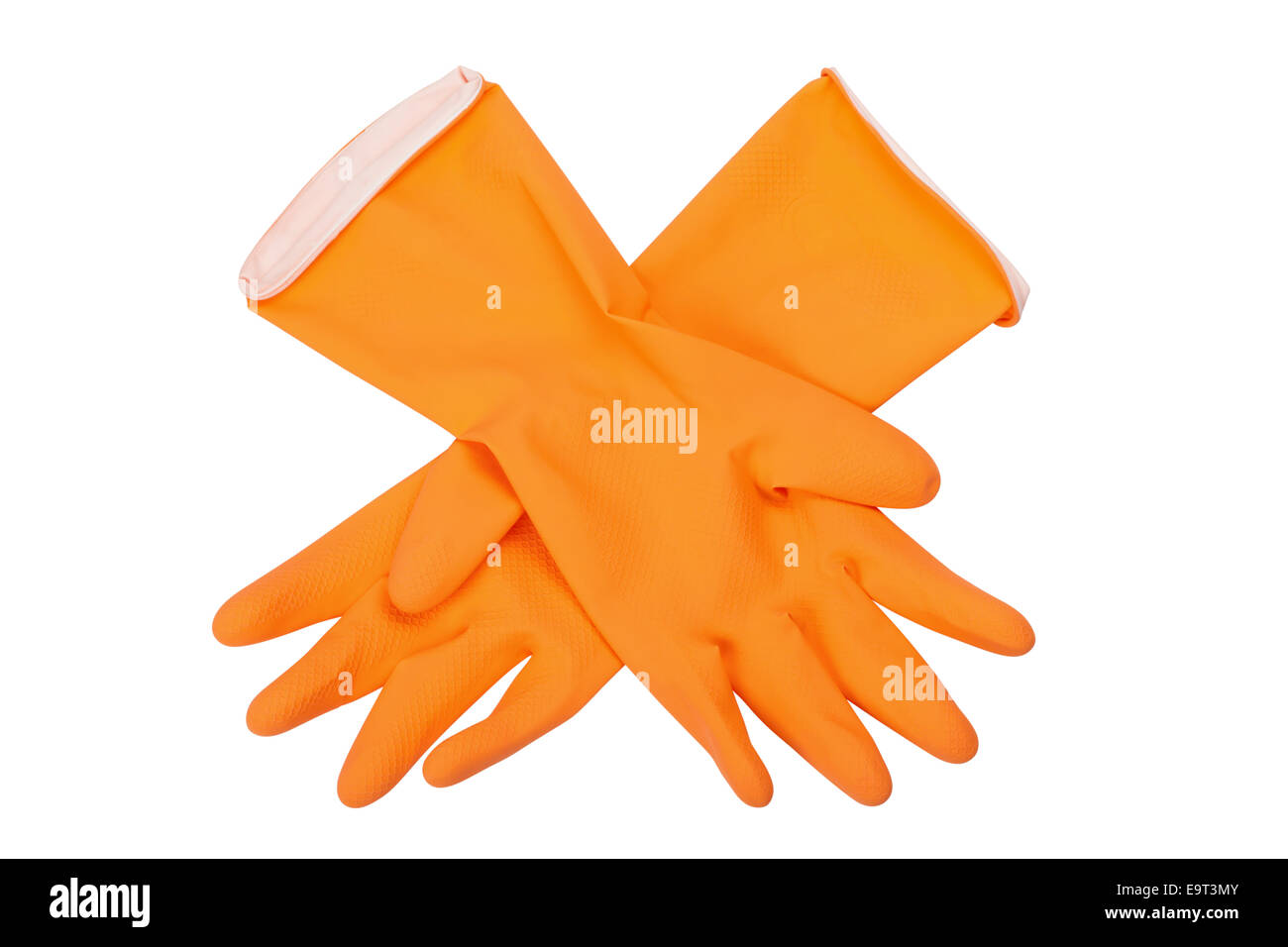 Gants en caoutchouc orange, isolated on white Banque D'Images