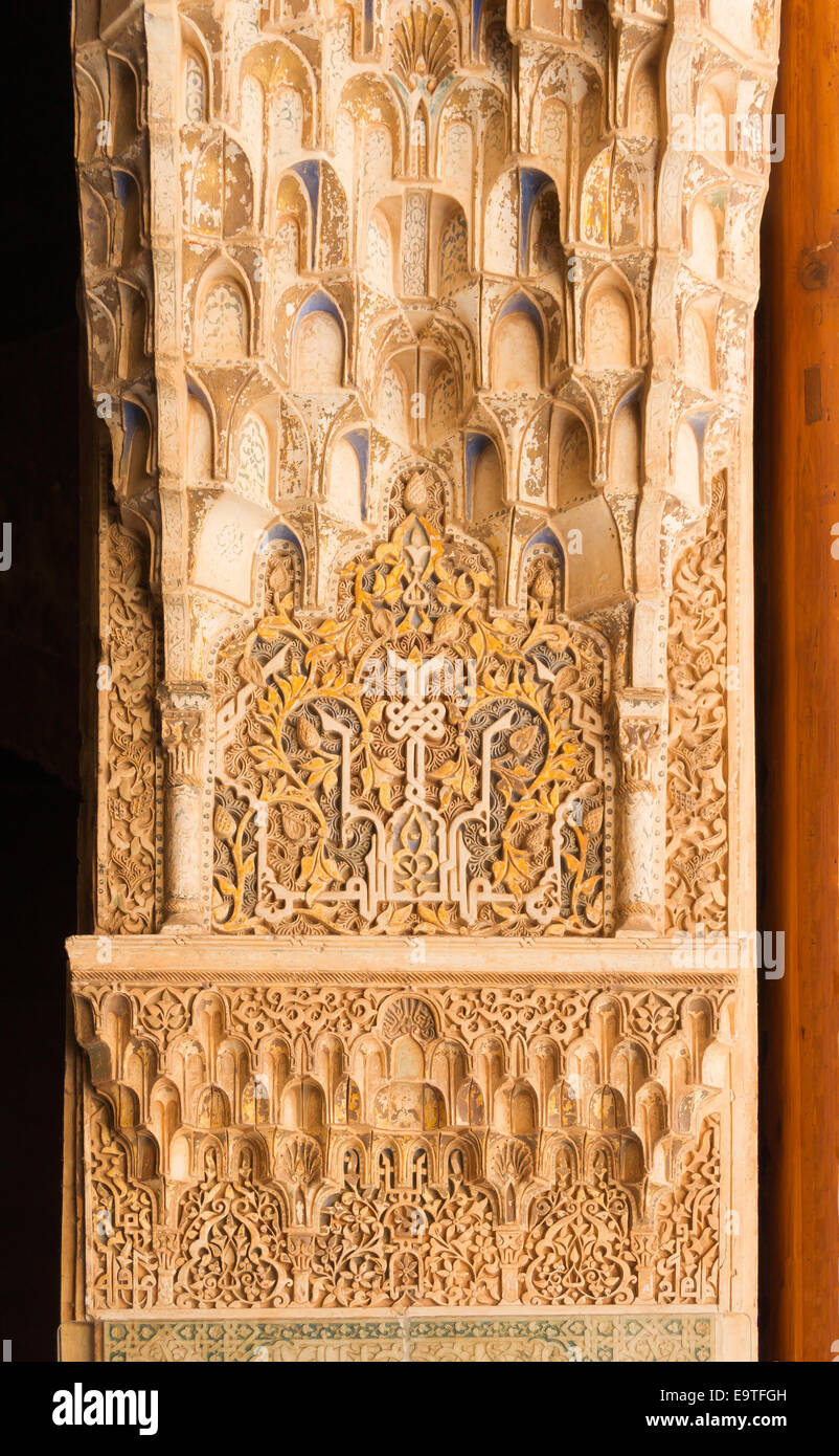 Patio de los Leones, close-up de stucs de l'aube, à l'Alhambra, Grenade, Andalousie, Espagne Banque D'Images