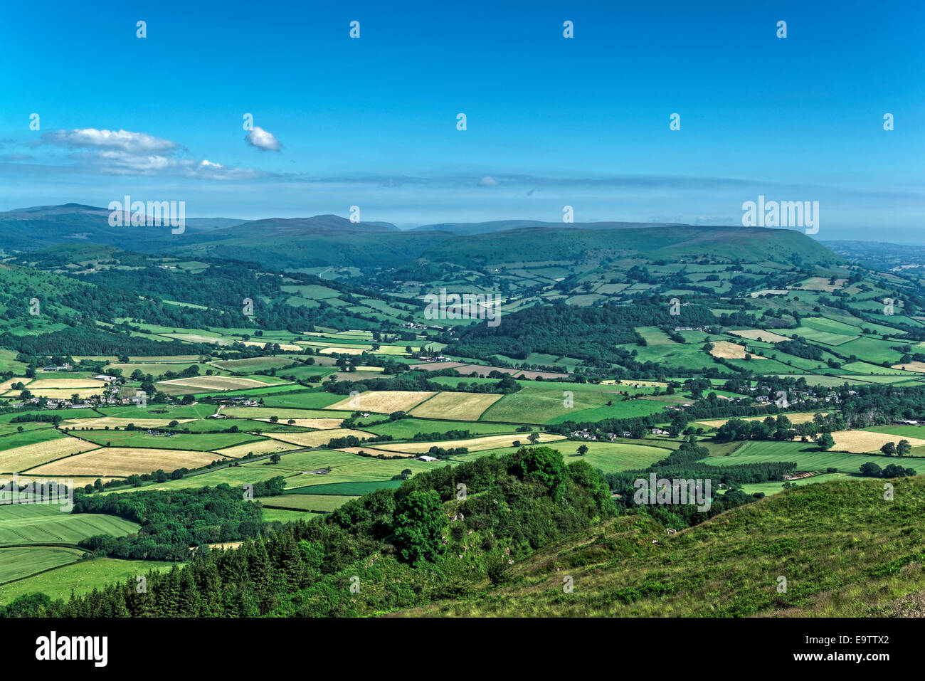 À la nord-ouest vers les Montagnes Noires de Skirrid Fawr, à travers une mosaïque de champs dans la vallée ci-dessous. Banque D'Images