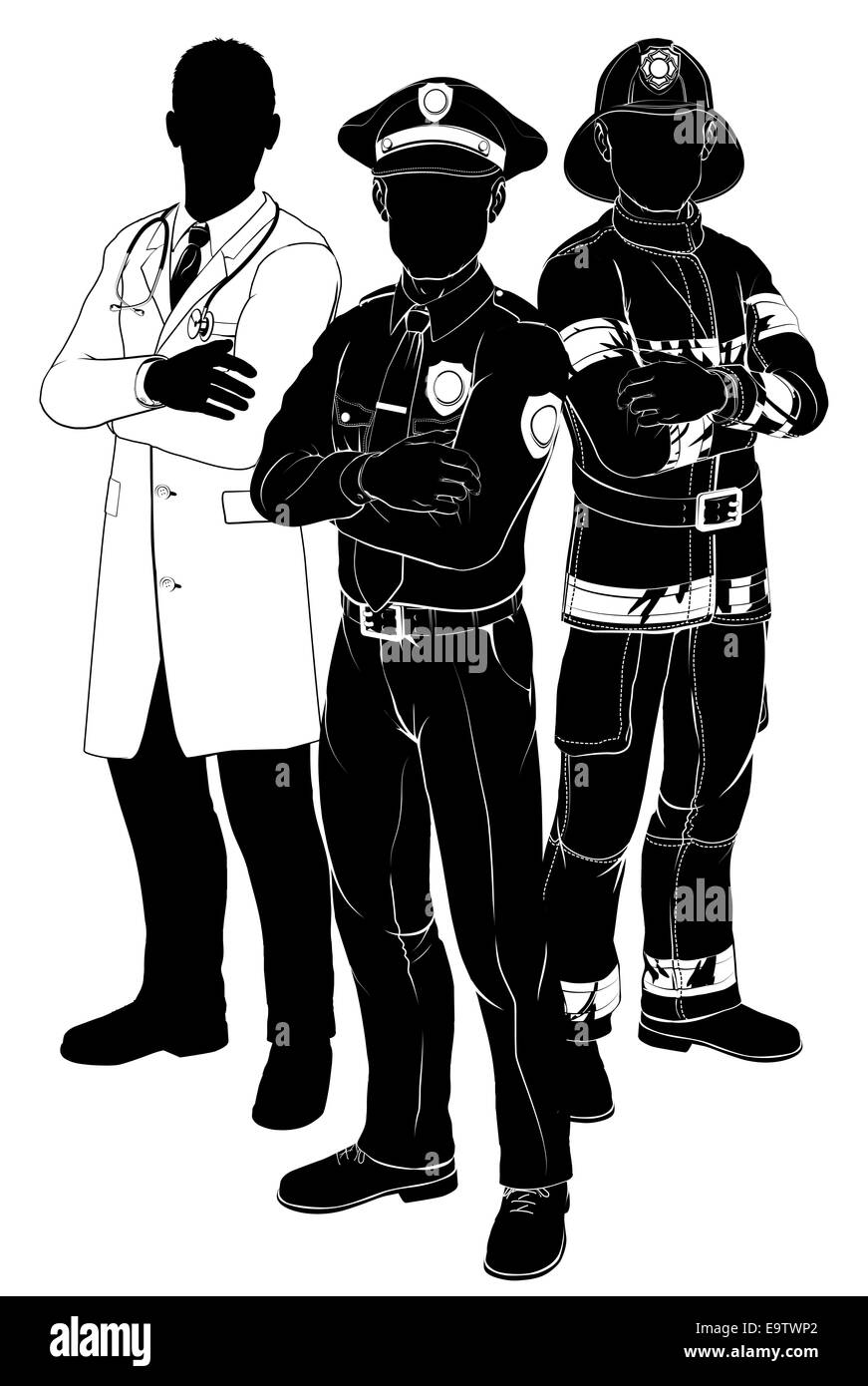 L'équipe des services de sauvetage d'urgence des silhouettes d'un policier ou un agent de police, un pompier ou un pompier et un médecin Banque D'Images L'équipe des services de sauvetage d'urgence des silhouettes d'un policier ou un agent de police, un pompier ou un pompier et un médecin Banque D'Images