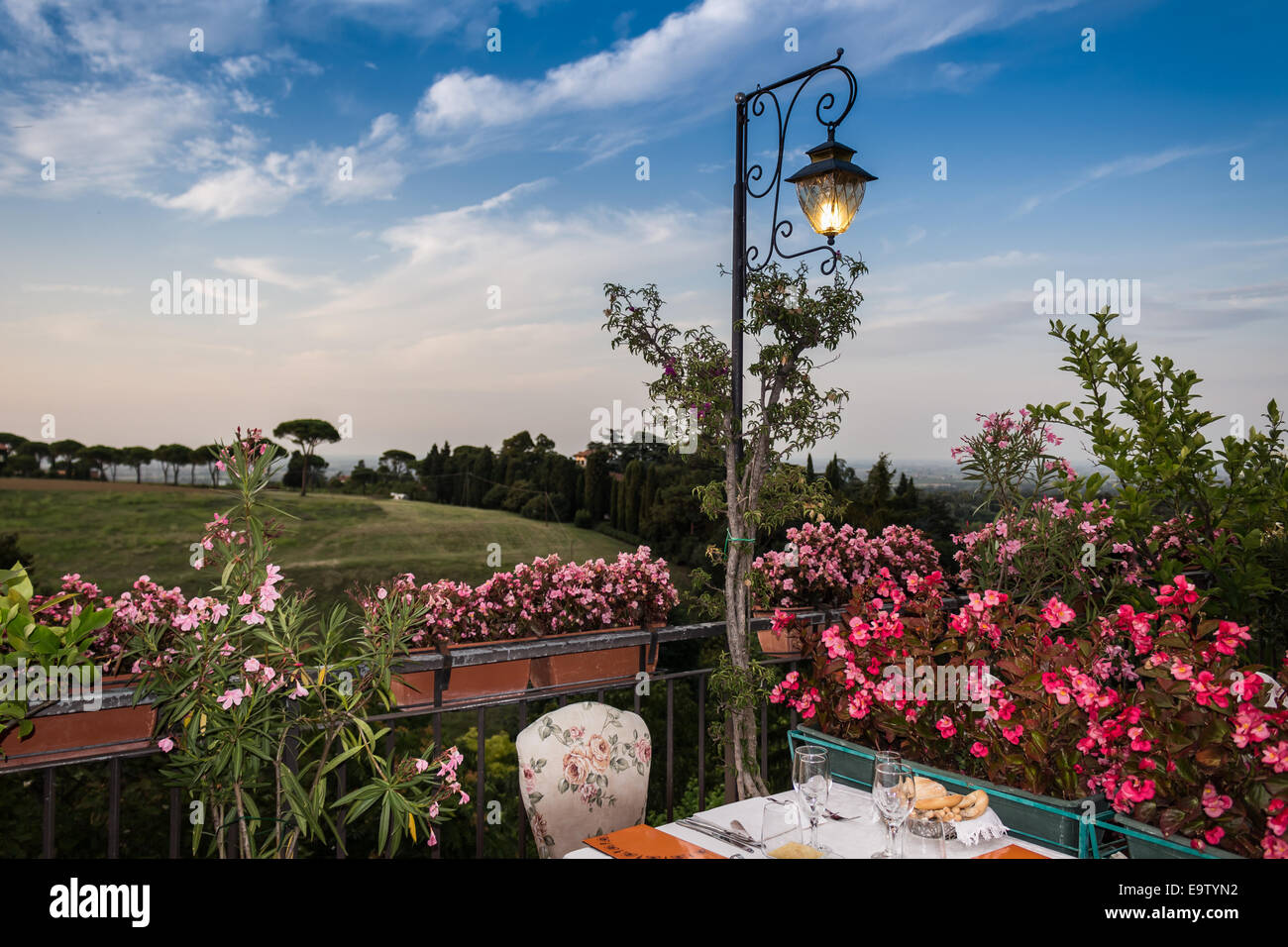 Tables de dîner dans l'élégant restaurant italien de style outdoor sur caillebotis fer parapet sur les collines de Dozza (Bo) en Italie dans une journée ensoleillée d'été : du vrai rouge, jaune et fleurs roses avec des feuilles vertes en pots vert tout autour. Serviettes de table Nappe rose et chic, Banque D'Images Tables de dîner dans l'élégant restaurant italien de style outdoor sur caillebotis fer parapet sur les collines de Dozza (Bo) en Italie dans une journée ensoleillée d'été : du vrai rouge, jaune et fleurs roses avec des feuilles vertes en pots vert tout autour. Serviettes de table Nappe rose et chic, Banque D'Images