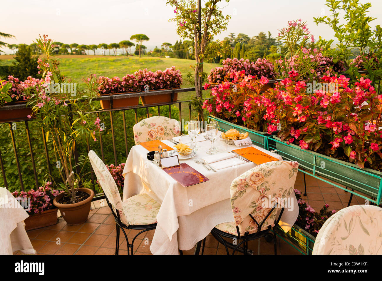Tables de dîner dans l'élégant restaurant italien de style outdoor sur caillebotis fer parapet sur les collines de Dozza (Bo) en Italie dans une journée ensoleillée d'été : du vrai rouge, jaune et fleurs roses avec des feuilles vertes en pots vert tout autour. Serviettes de table Nappe rose et chic, Banque D'Images Tables de dîner dans l'élégant restaurant italien de style outdoor sur caillebotis fer parapet sur les collines de Dozza (Bo) en Italie dans une journée ensoleillée d'été : du vrai rouge, jaune et fleurs roses avec des feuilles vertes en pots vert tout autour. Serviettes de table Nappe rose et chic, Banque D'Images