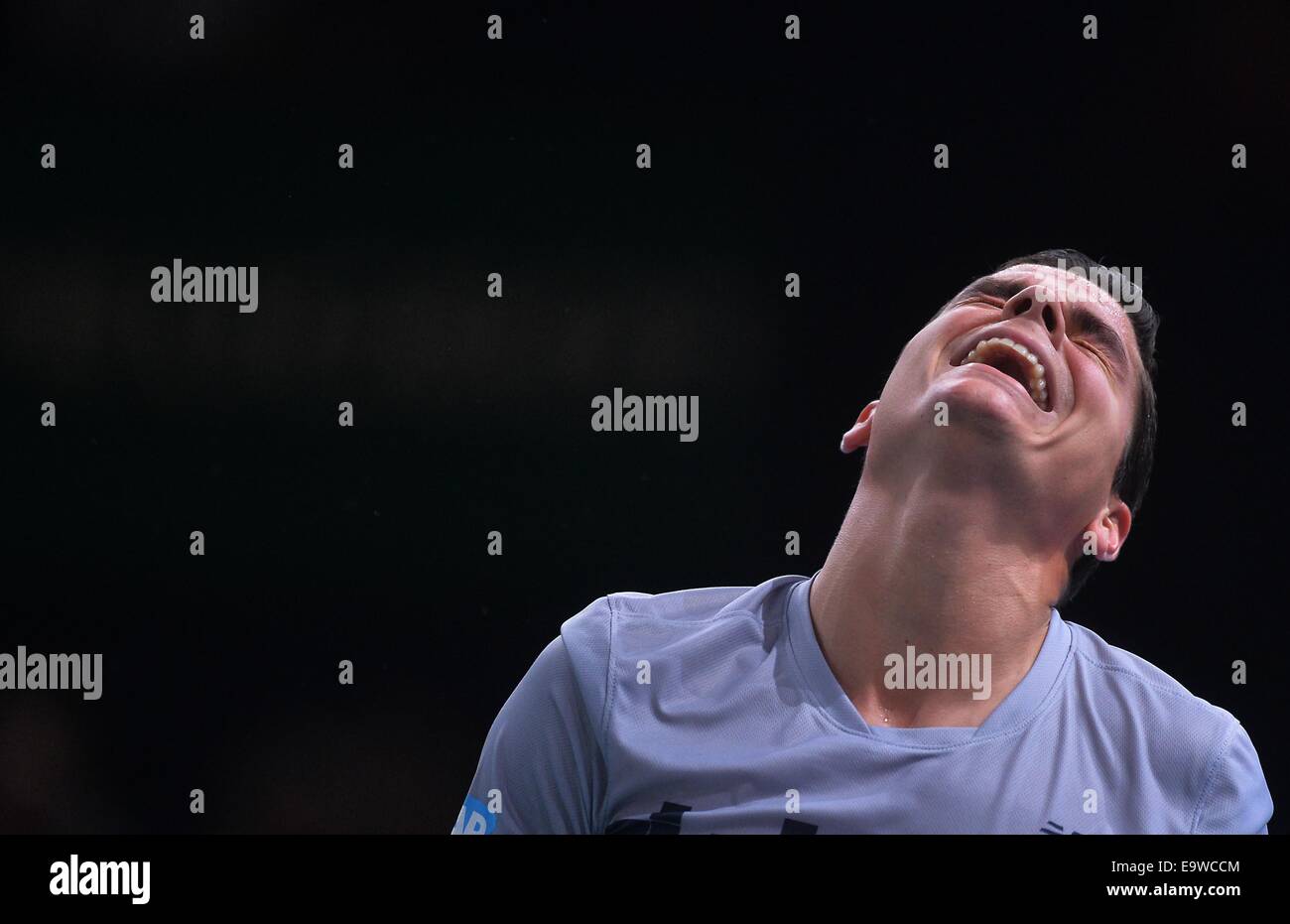 Paris, France. 2e Nov, 2014. Milos Raonic du Canada réagit au cours du dernier match du tournoi contre la Serbie de Novak Djokovic à l'ATP World Tour Masters 1000 Tournoi de tennis intérieur à l'Palais-Omnisport de Bercy à Paris, France, 2 novembre 2014. Milos Raonic a perdu 0-2. © Chen Xiaowei/Xinhua/Alamy Live News Banque D'Images