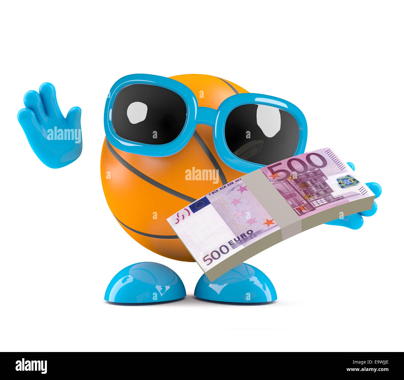 3D render of a basket-ball character holding une pile de billets de banque Banque D'Images