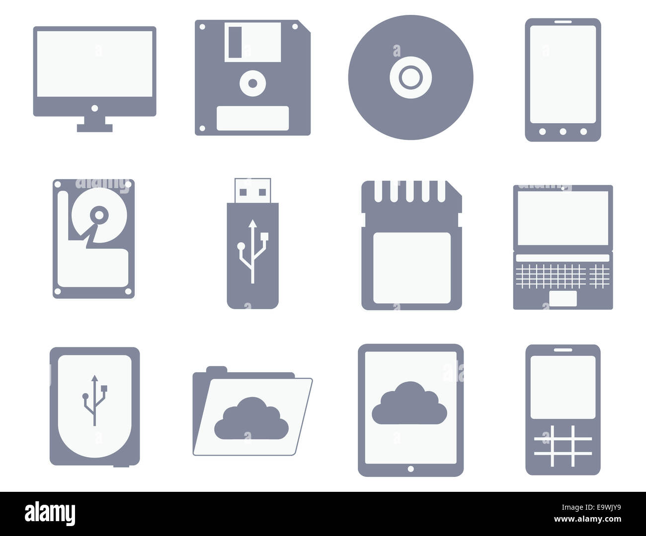 Vector icon set de différents dispositifs de stockage et de l'ordinateur : flopp, disque compact, disque dur, tablette, téléphone mobile - isolé sur w Banque D'Images