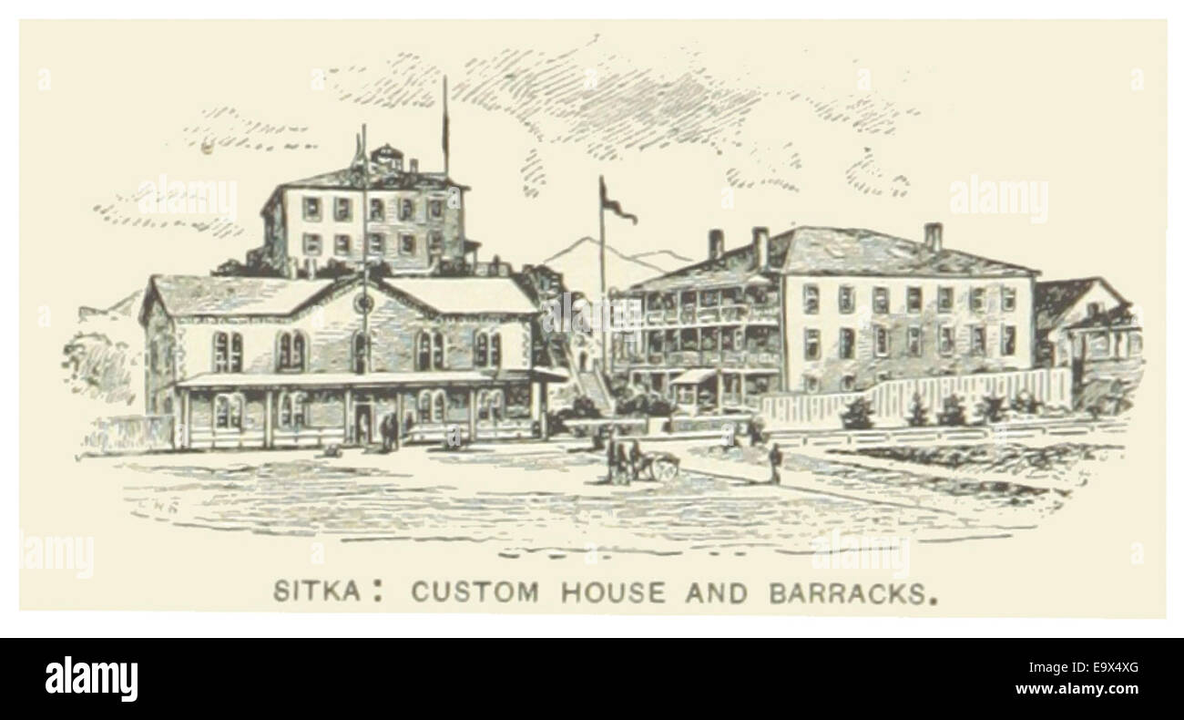 Cette illustration de 1891 représente la maison des douanes et la caserne à Sitka, en Alaska. Le bâtiment était un élément clé de la présence américaine en Alaska à la fin du XIXe siècle, servant à la fois des fonctions administratives et militaires. Banque D'Images