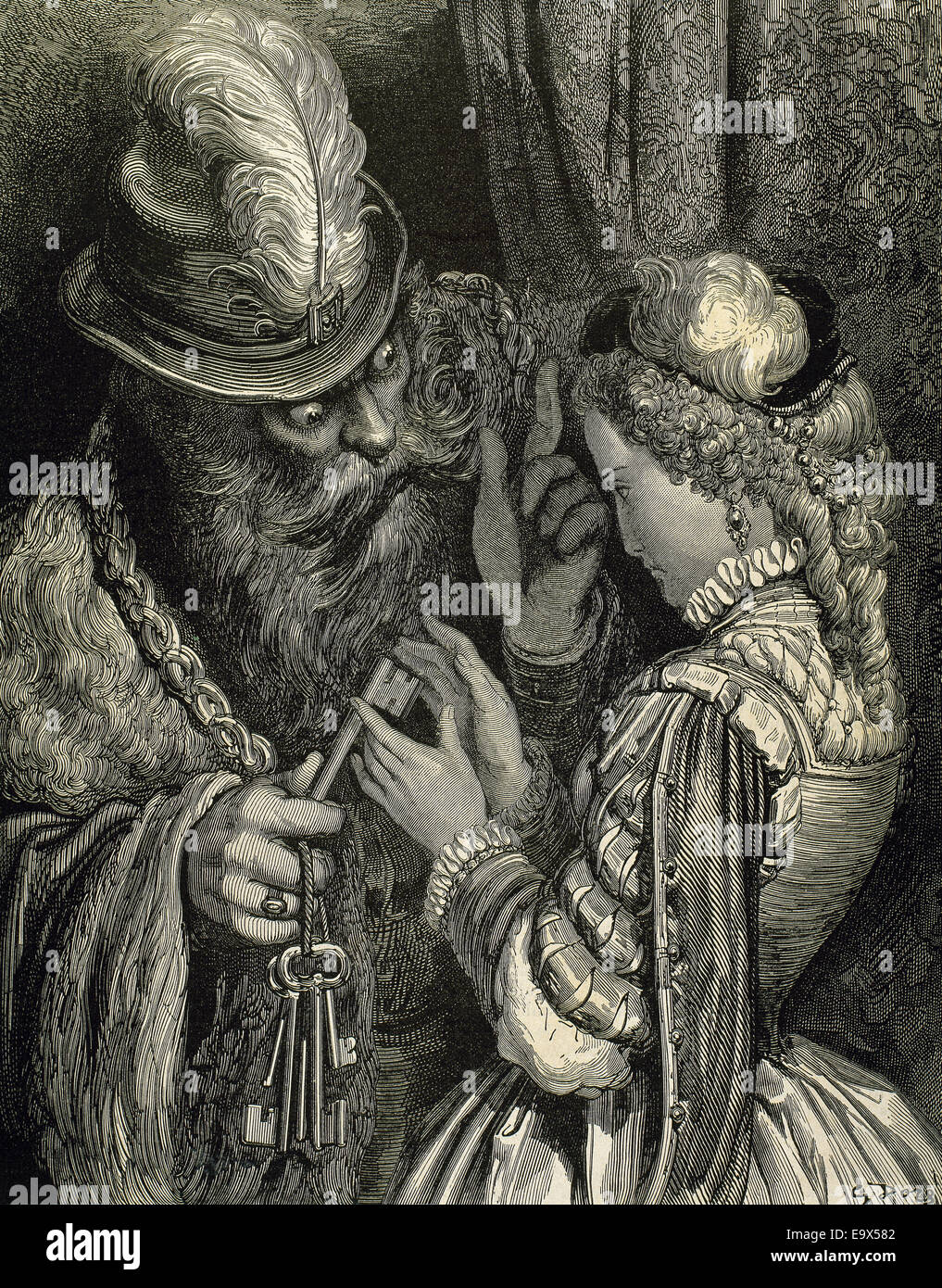 Charles Perrault (1628-1703). L'écrivain français. Barbe-bleue. Barbe bleue et son épouse. Gravure de Gustave Dore (1832-1883), 1862. Banque D'Images