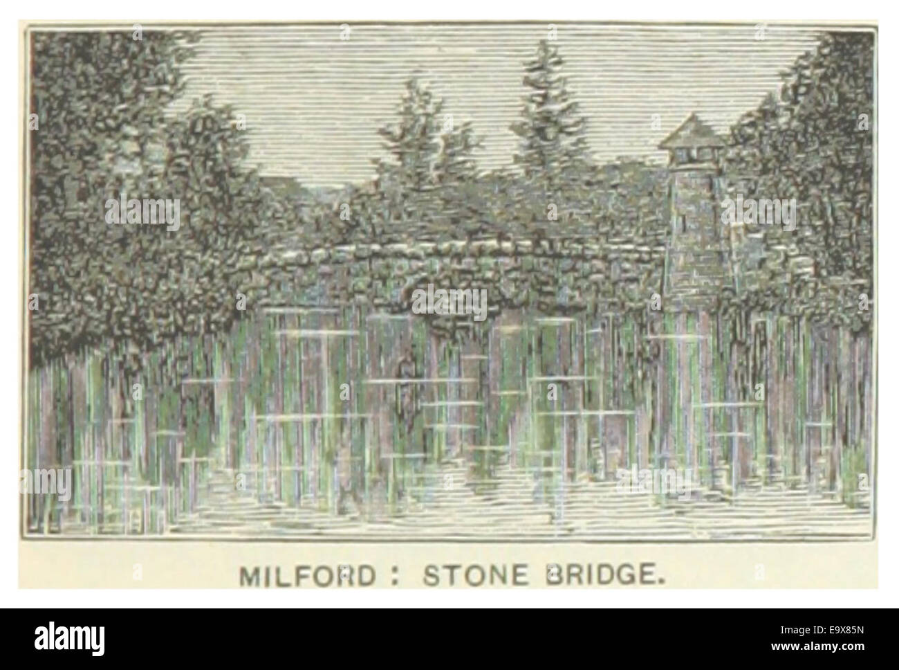Cette illustration de 1891 représente le Stone Bridge à Milford, Connecticut, mettant en valeur la conception architecturale et le paysage environnant. Banque D'Images