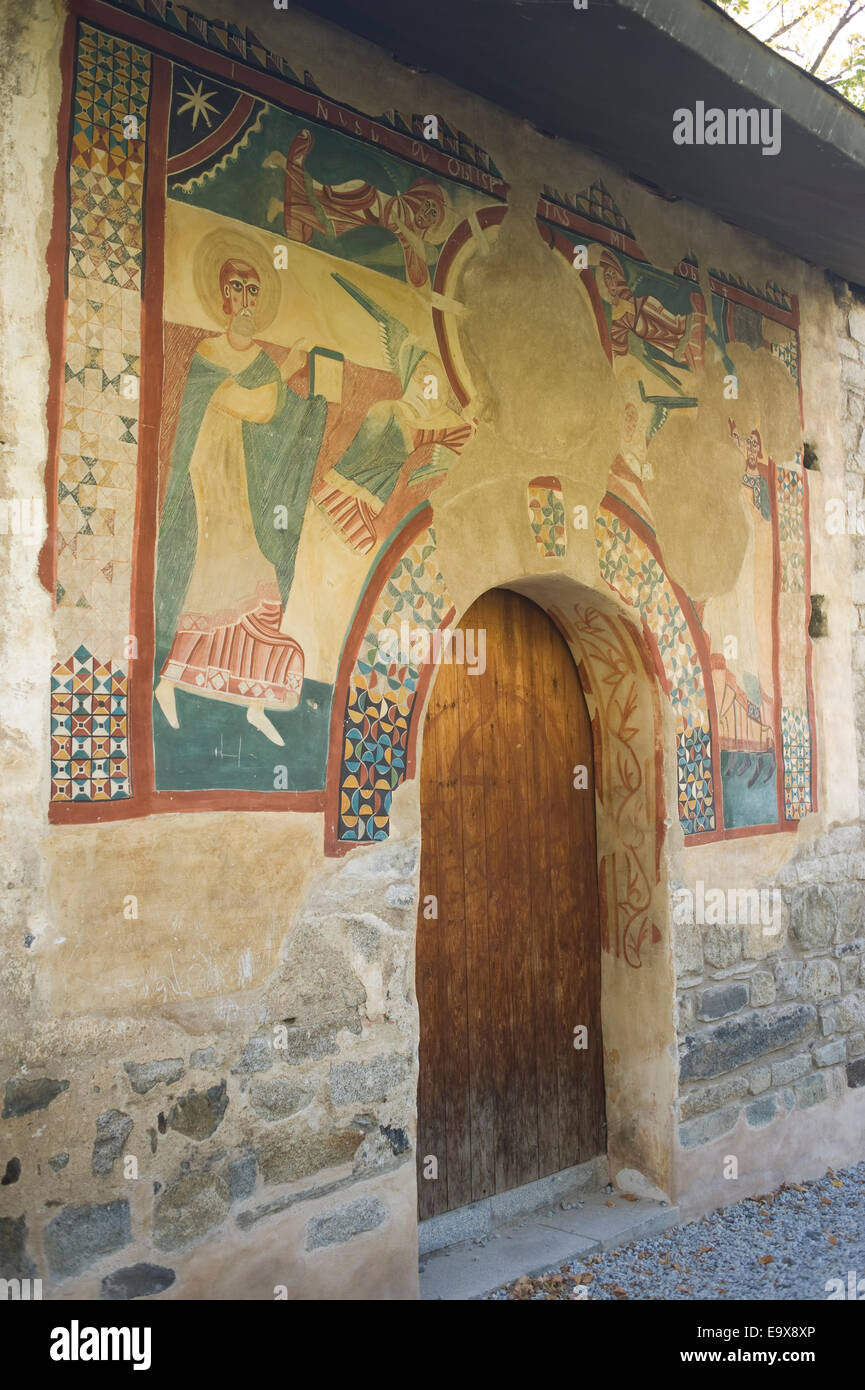 Copie de fresco. Sant Joan de Boi église romane. Vall de Boi, Lleida, Catalogne, Espagne. Banque D'Images