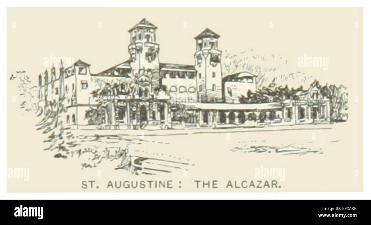 Cette illustration de 1891 représente l'Alcazar à Augustine, Floride, capturant l'architecture historique du bâtiment. L'Alcazar, construit par Henry Flagler, est un point de repère clé dans l'histoire de l'âge doré de la ville, servant d'hôtel de luxe et plus tard de bâtiment public. Banque D'Images