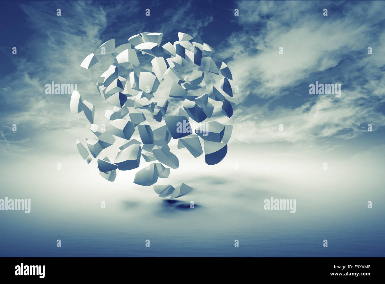 Résumé Objet 3d, nuage de petits fragments sphériques bleu sur fond de ciel dramatique Banque D'Images