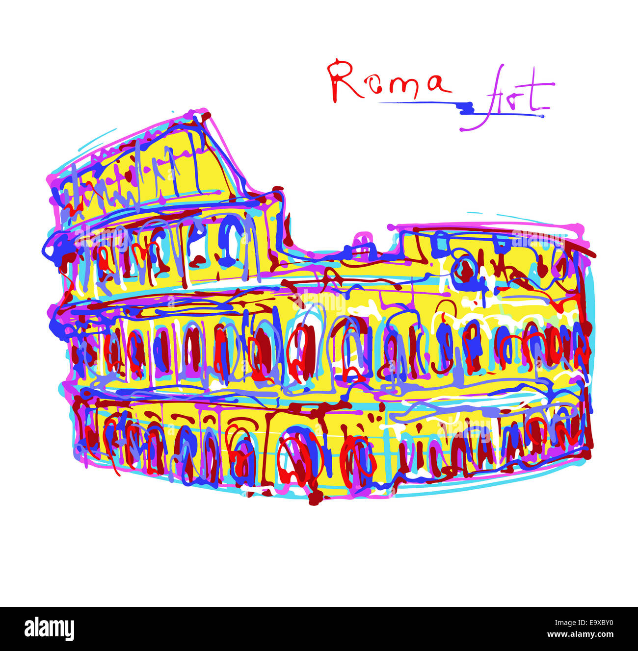 Célèbre place de Rome Italie, dessin original en couleurs arc-en-ciel Banque D'Images