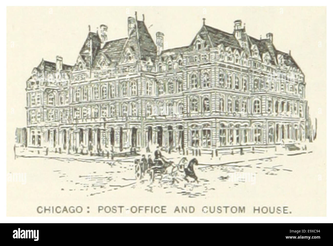 Cette illustration de 1891 représente le bureau de poste et la maison des douanes de Chicago, un important bâtiment civique de l'infrastructure de la ville du XIXe siècle, reflétant son rôle dans le commerce et la communication. Banque D'Images
