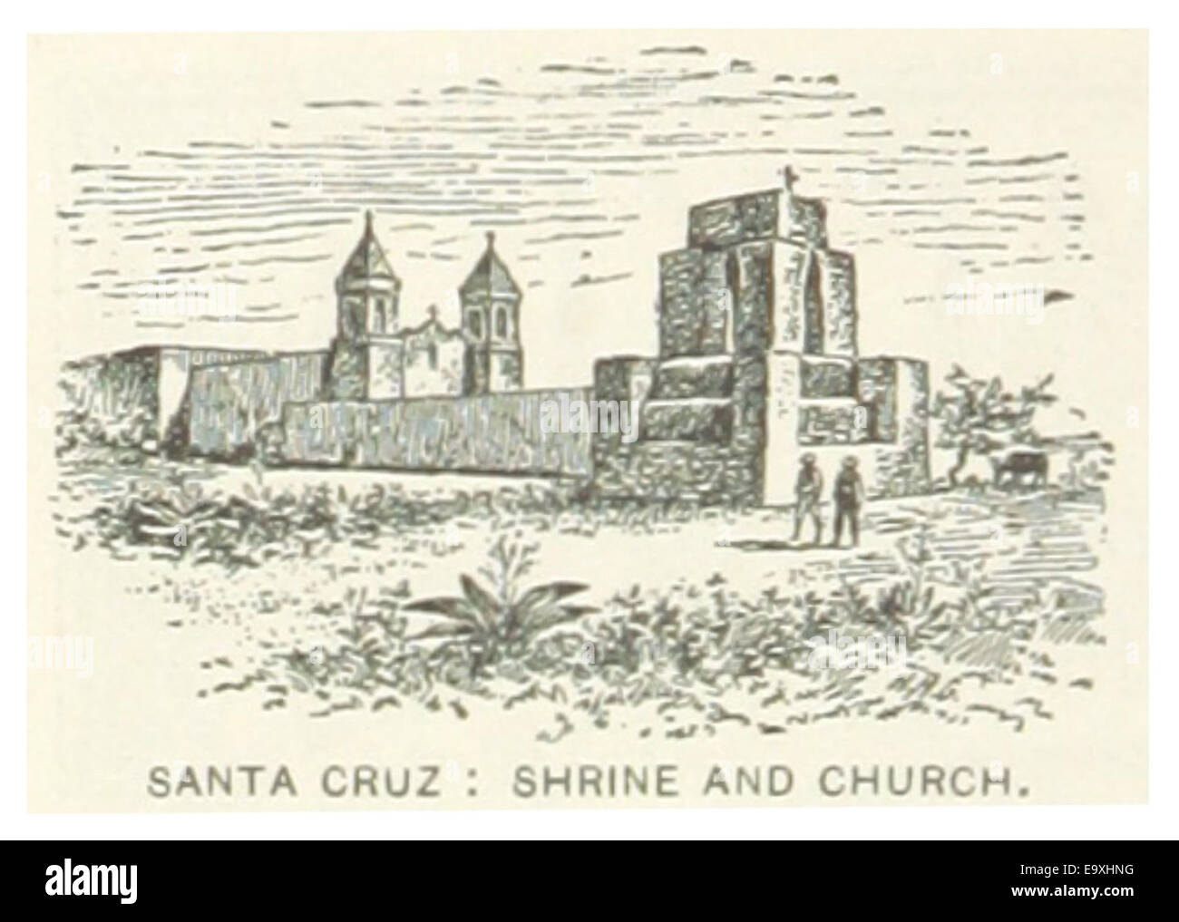 Une représentation de 1891 montrant le sanctuaire et l'église de Santa Cruz, Nouveau-Mexique, soulignant l'importance culturelle et religieuse du site au XIXe siècle. Banque D'Images