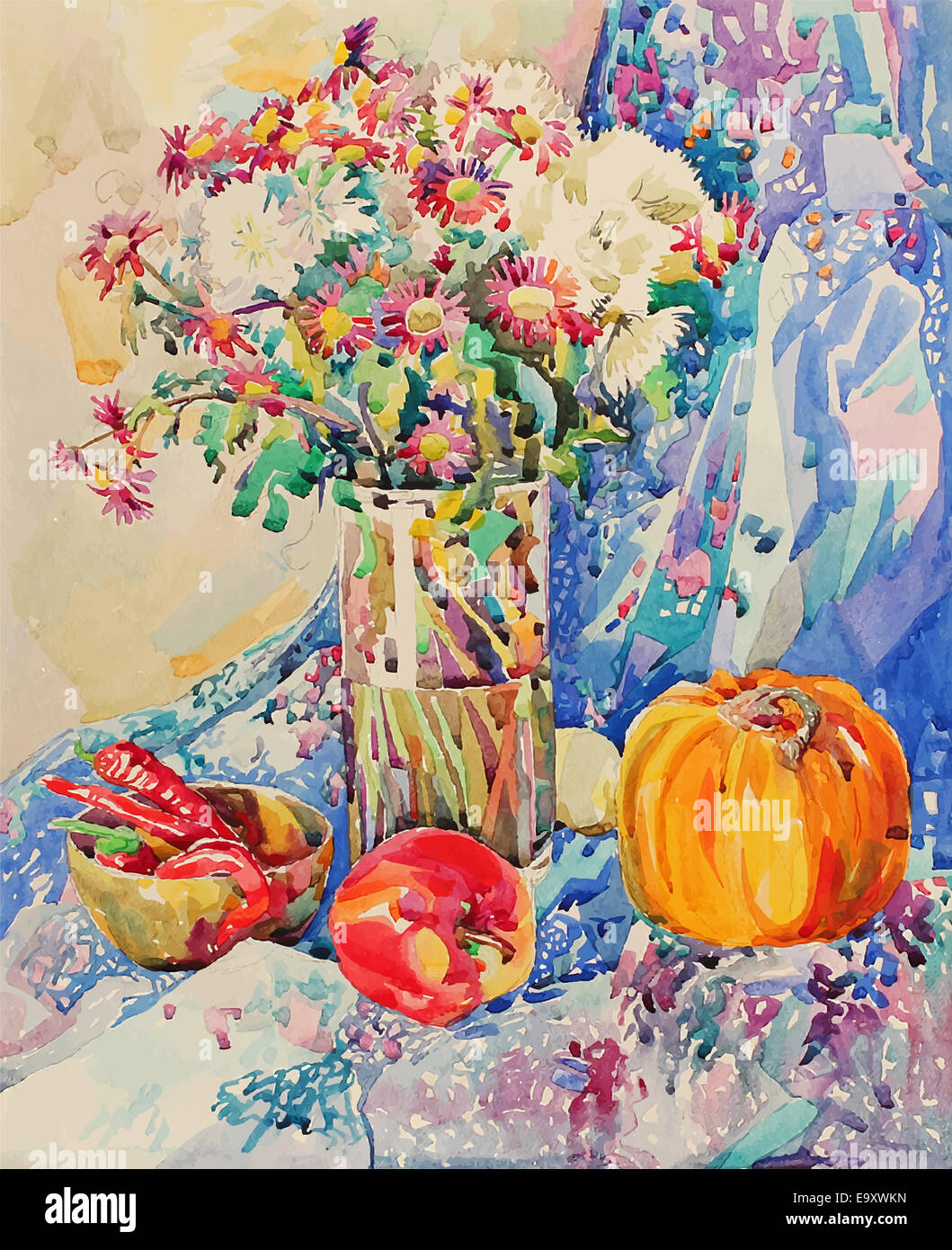 Aquarelle originale de still life with flowers Banque D'Images