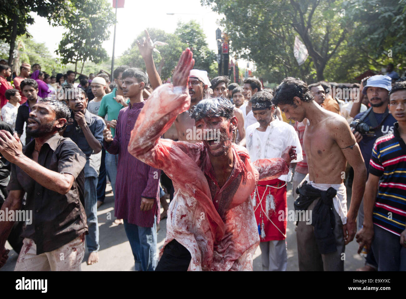 Dhaka, Bangladesh. 4ème Nov, 2014. Les flagellés chiite bangladais eux-mêmes avec les lames pendant le saint jour de l'Ashoura à Dhaka, Bangladesh, le 3 novembre 2014. Chiites mark Ashoura, le dixième jour du mois de Muharram, pour commémorer la bataille de Karbala quand l'Imam Hussein, petit-fils du Prophète Mohammed, a été tué. Credit : Suvra Kanti Das/ZUMA/ZUMAPRESS.com/Alamy fil Live News Banque D'Images