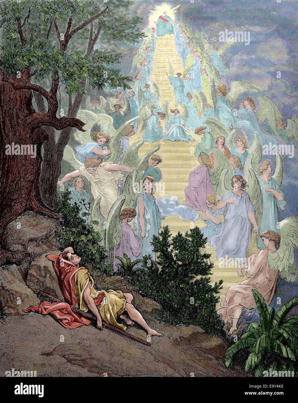 Ancien Testament. Jacob. Patriarche et prophète. Le rêve de Jacob. La genèse. Chapitre XXVIII. Gravure de Gustave Dore. De couleur. Banque D'Images
