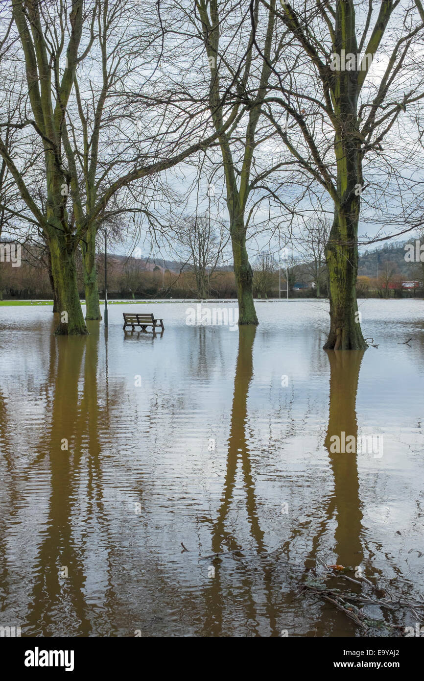Chippenham Meadow recreation ground de Monmouth en vertu de l'eau d'inondation. Banque D'Images