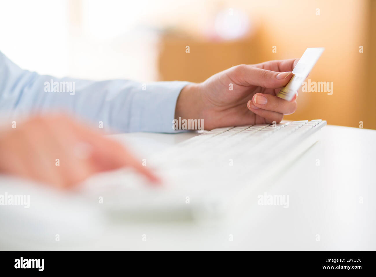 Le projet de loi bancaire Carte de crédit ordinateur commerce caucasienne ecommerce finances hand holding home style clavier internet Banque D'Images